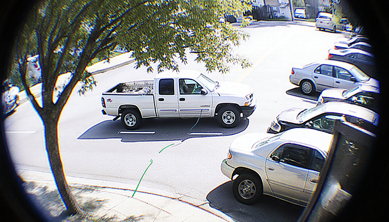 Pickup truck turns abruptly on Castor Avenue with damaged parked cars and a leafy tree in background