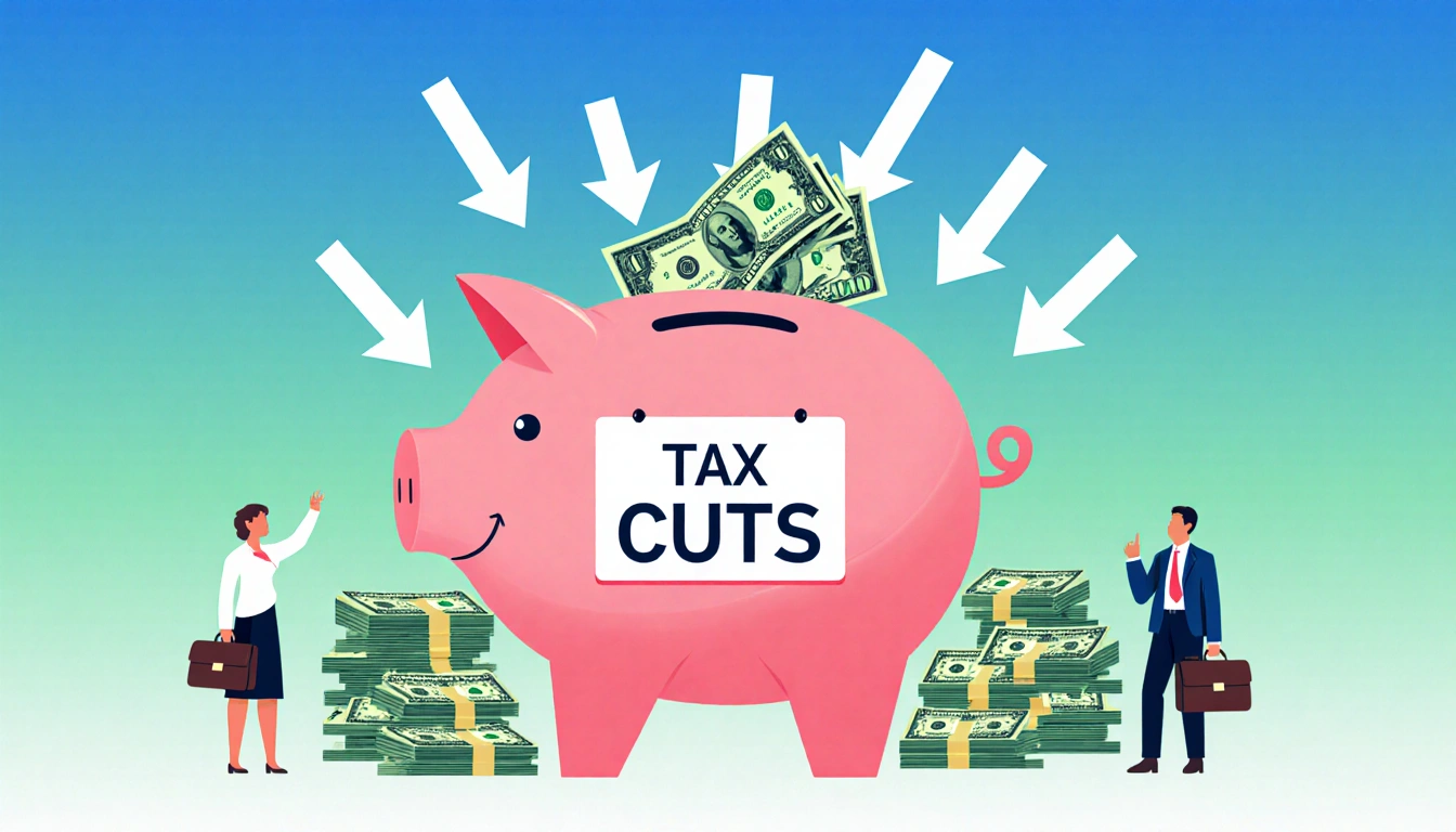 Giant piggy bank marked Tax Cuts pours money upward with stacks of $100 and diverse people nearby