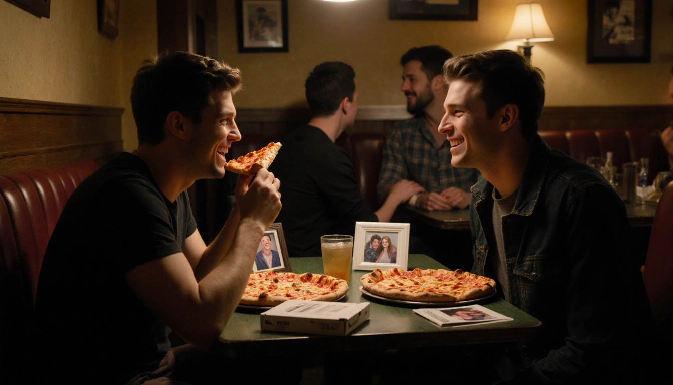 Daniel Curtis Lee laughing with Tylor Chase over pizza at a warm reunion pizzeria