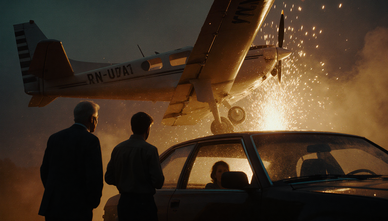 Small plane plummeting onto a car with sparks flying during emergency landing and a shocked father and son watching nearby