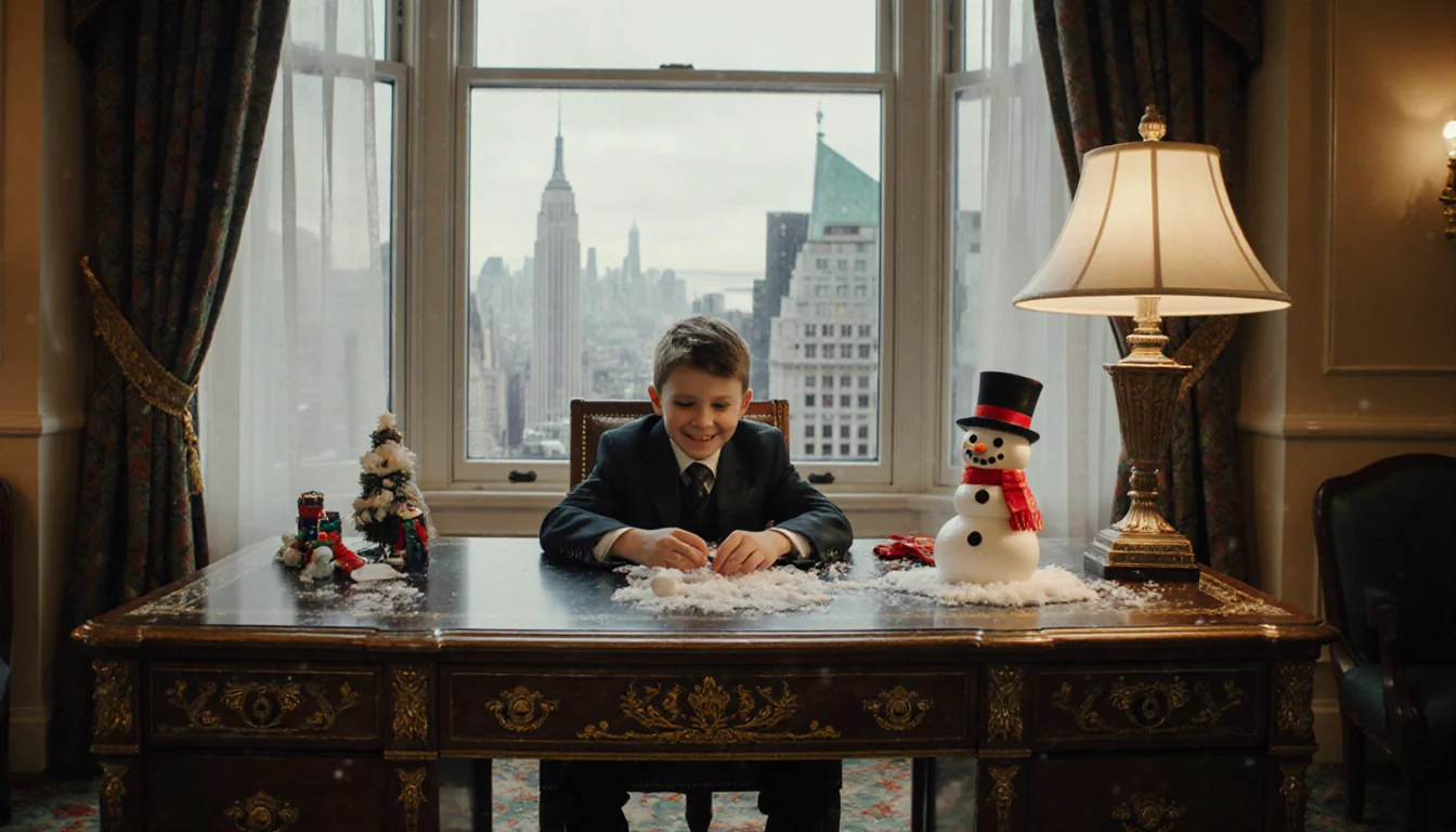 Young boy building a mini snowman with ornate desk and cityscape windows of the Plaza Hotel
