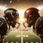 Two football players face each other with helmets slightly apart on a grid-patterned field under golden lights