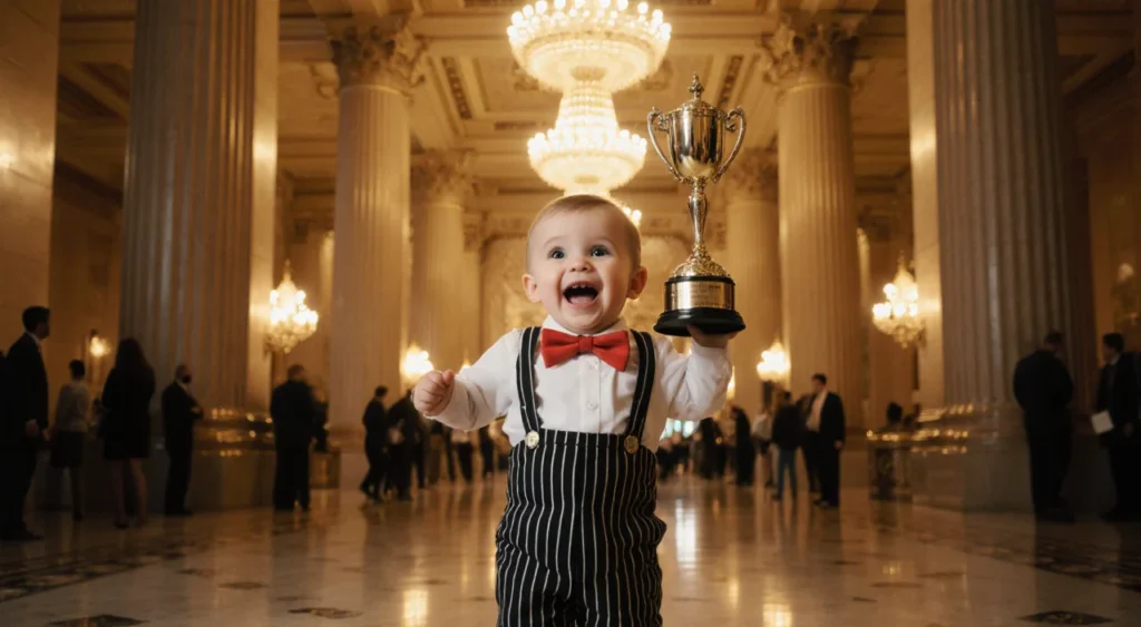 Tiny child in Home Alone outfit raising a trophy with Plaza Hotel columns and warm golden lighting