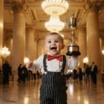Tiny child in Home Alone outfit raising a trophy with Plaza Hotel columns and warm golden lighting