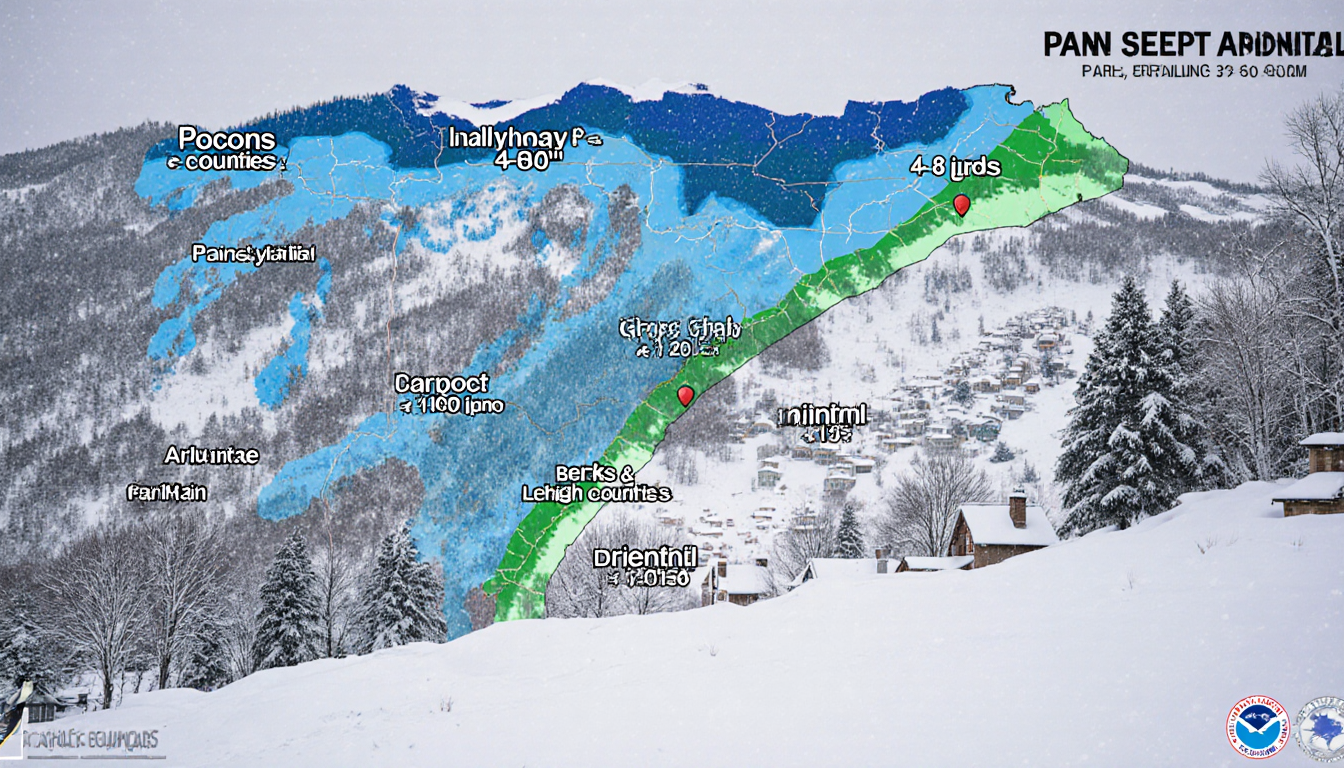 Snow-covered Poconos mountainside stretches with deep drifts reaching tree branches and roofs while clear sky transitions abo