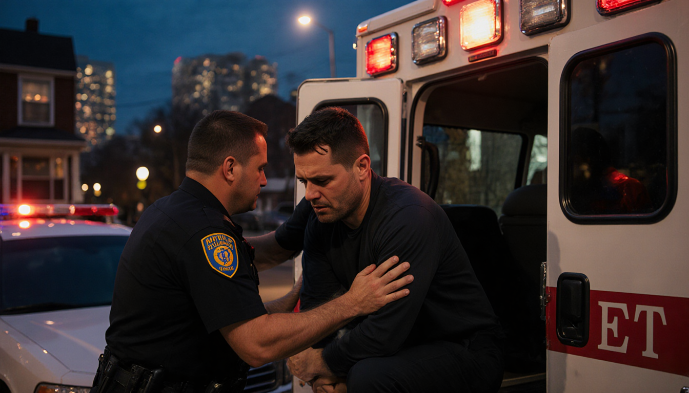 Police officer loading an injured man into an ambulance with emergency lights and city skyline