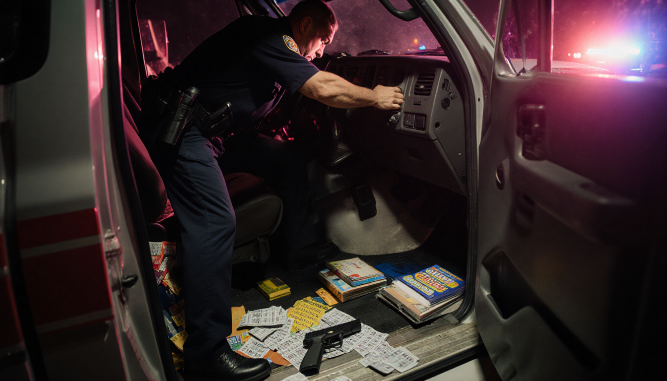 Police officer apprehending suspect in dimly lit U‑Haul truck with stolen items and handgun