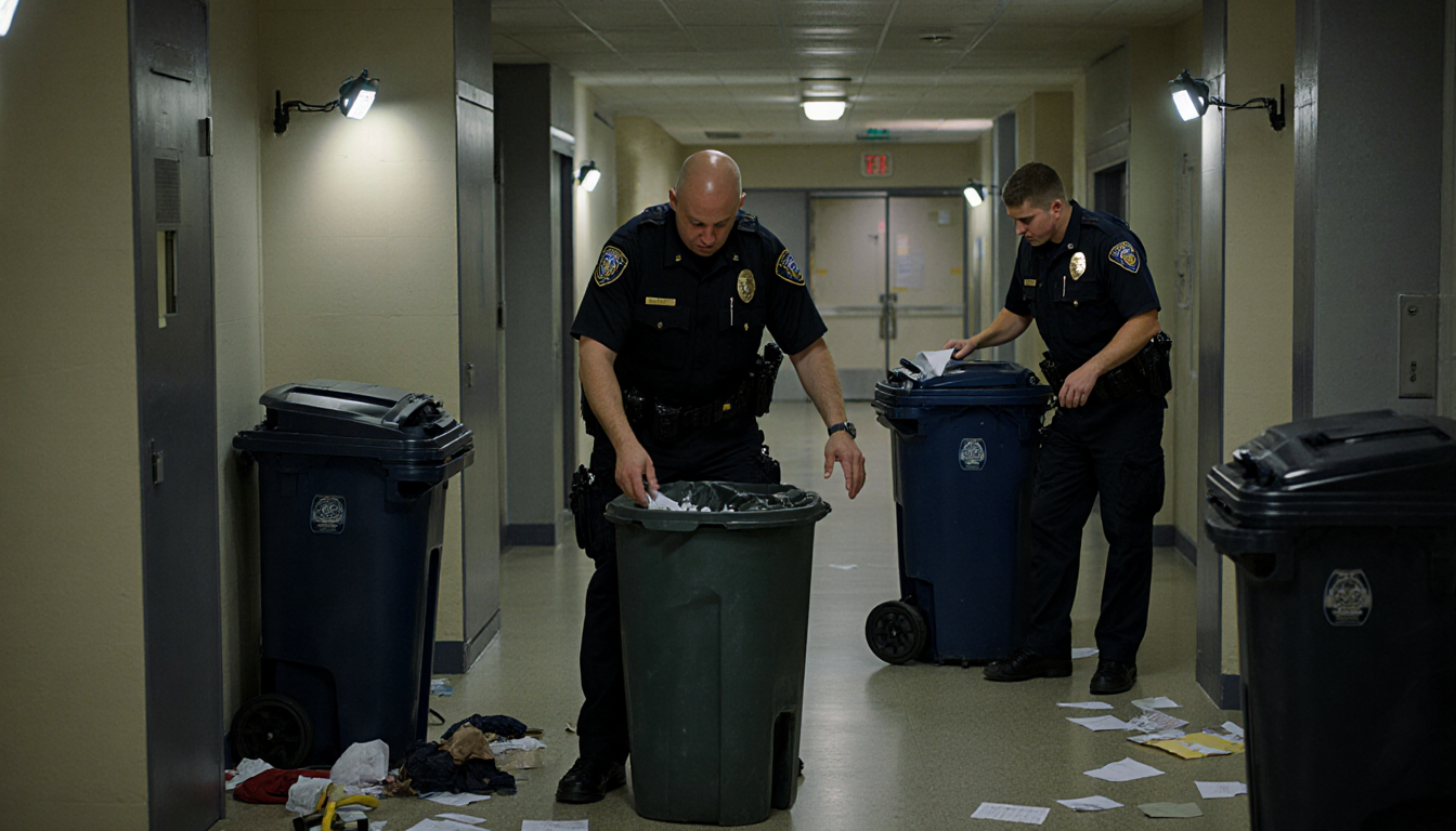 Law enforcement officers searching trash cans with searchlights and scattered papers indicating urgency