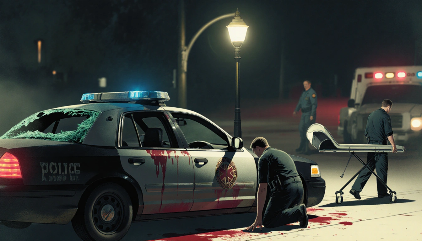 Paramedic kneeling beside police car with shattered window and bloodstains on dashboard while a police officer approaches und