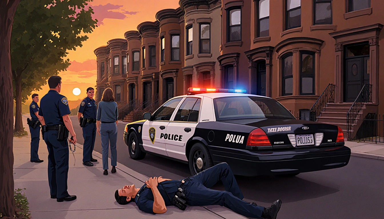 Police car arriving at crime scene with orange sunset over brownstone row