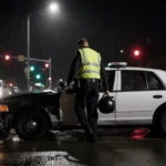 Police officer steps out of damaged car with streetlight casting long shadows and rain-soaked street at busy intersection