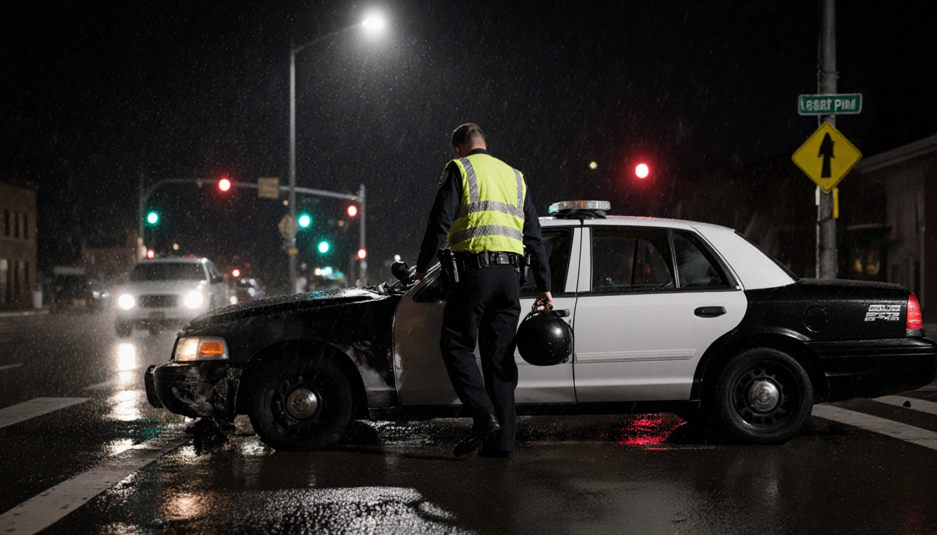 Police officer steps out of damaged car with streetlight casting long shadows and rain-soaked street at busy intersection