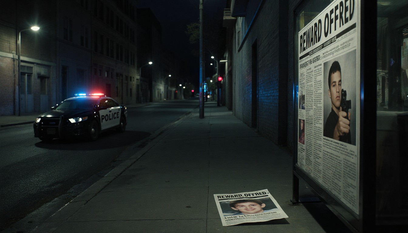 Police car parked with headline “Reward Offered” and flyer showing teen’s photo.