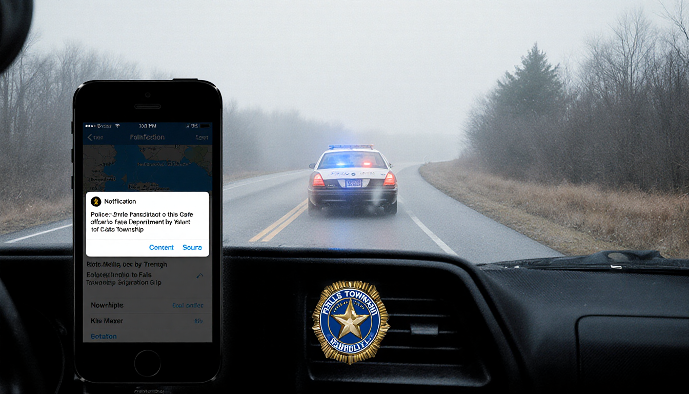 Police car drives down Pennsylvania road with Falls Township badge on dashboard and smartphone showing Trenton notification