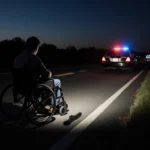 Wheelchair-bound victim lies motionless on pavement with police car spotlighted beside and a road rage vehicle in background