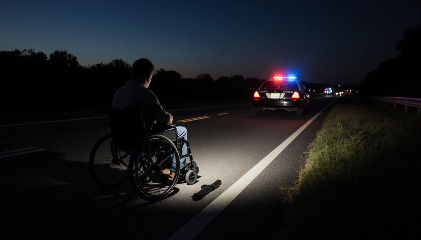 Wheelchair-bound victim lies motionless on pavement with police car spotlighted beside and a road rage vehicle in background