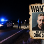 Police car speeds down deserted highway with flashing blue lights and a wanted poster beside the road.