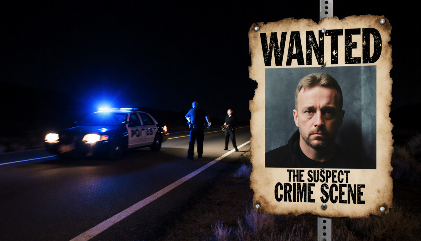 Police car speeds down deserted highway with flashing blue lights and a wanted poster beside the road.