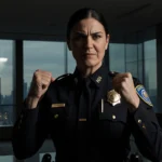 Carmen Veneziano police chief stands in a modern hotel lobby with the Boston skyline reflected in glass and her fists clenche