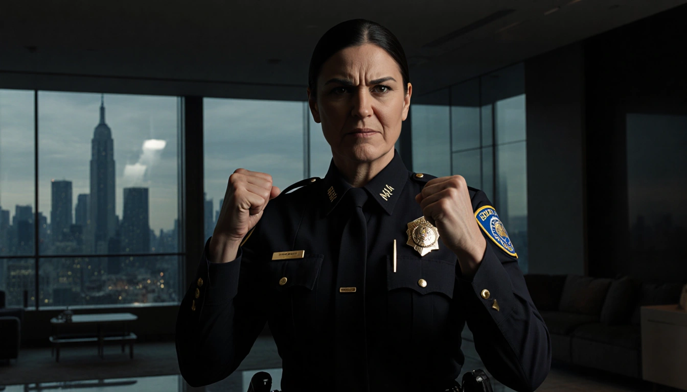Carmen Veneziano police chief stands in a modern hotel lobby with the Boston skyline reflected in glass and her fists clenche