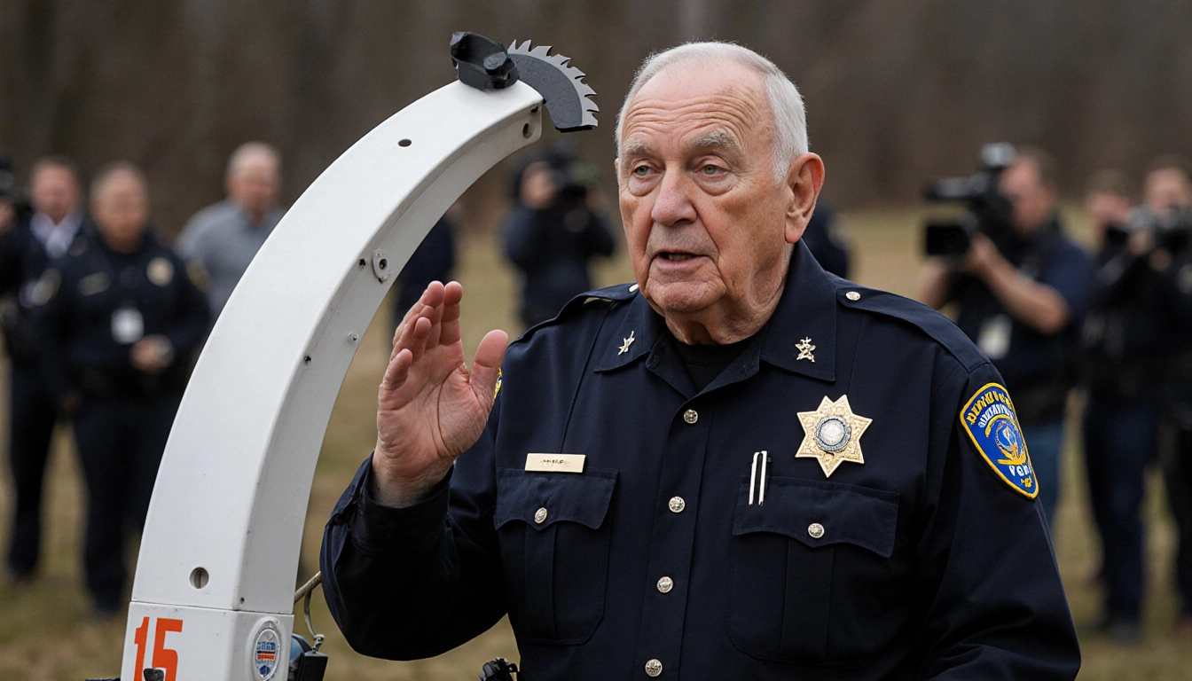 Police chief gesturing beside a raised woodchipper with a faint news crew in the background