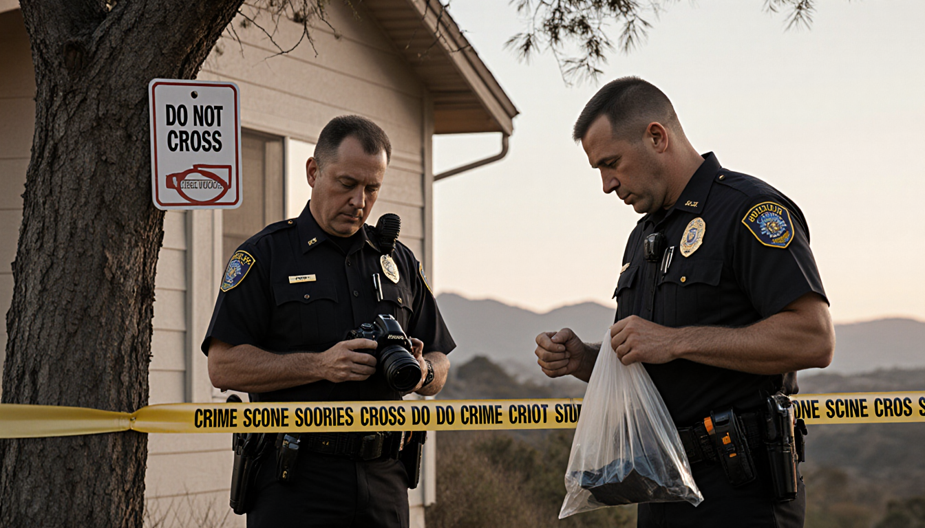 Police officer collecting evidence with an evidence bag holding a stabbing weapon and a second officer filming the crime scen