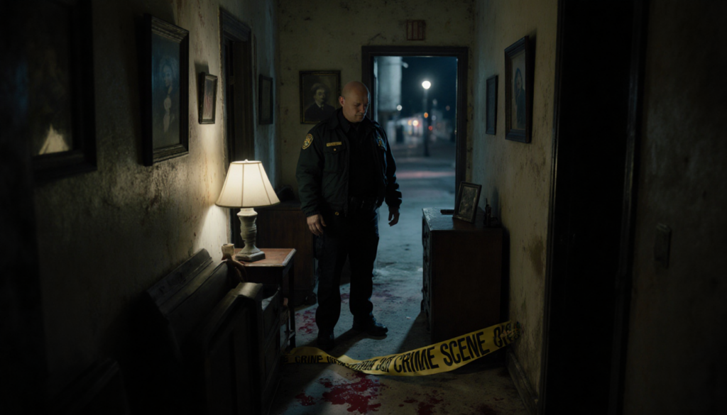 Police officer standing by bloodstained floor with crime scene tape and faint hallway light.