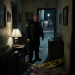 Police officer standing by bloodstained floor with crime scene tape and faint hallway light.