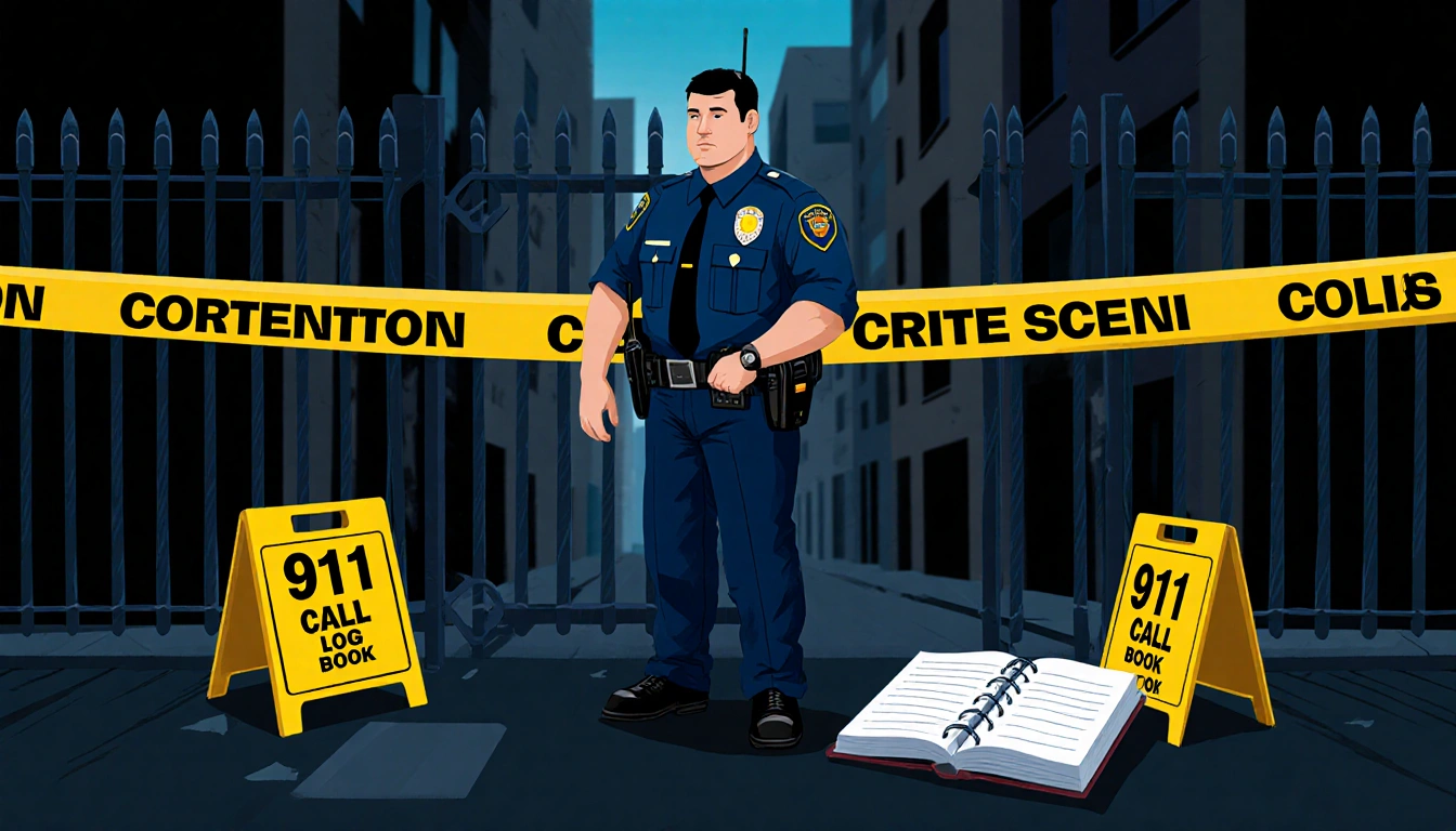 Police officer standing at perimeter fence with crime scene tape and yellow caution signs in blurred urban background