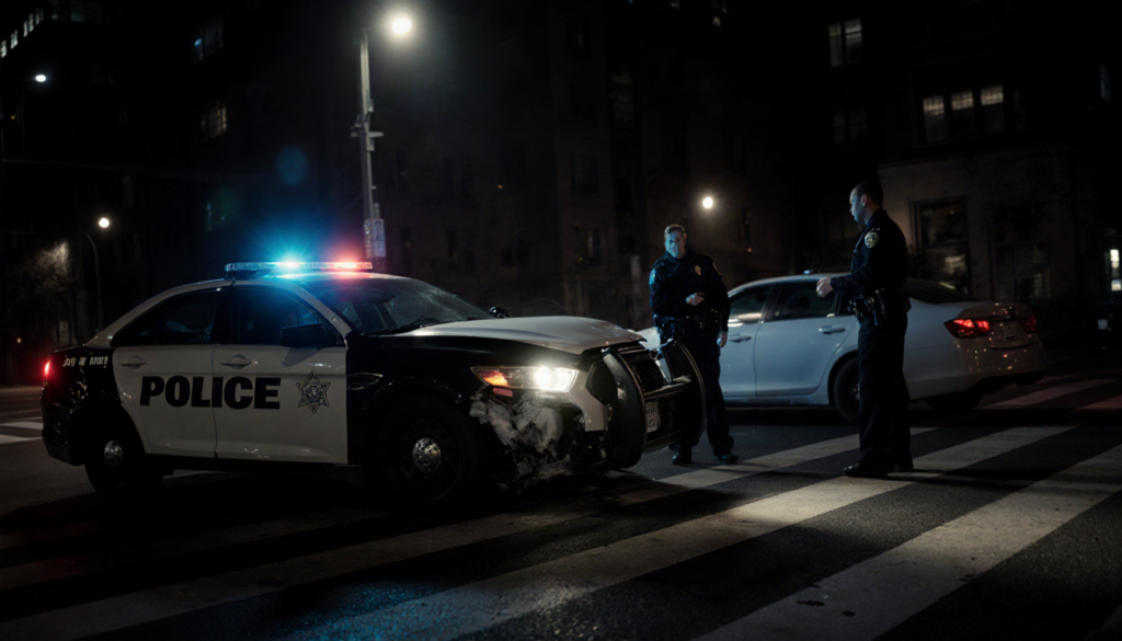 Police officers scanning area with spotlighted police cruiser and twisted white Acura at dawn.