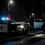 Police officers scanning area with spotlighted police cruiser and twisted white Acura at dawn.