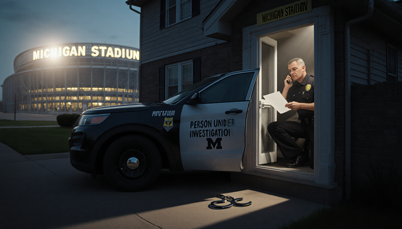Police cruiser parked while officer reads statement on phone with handcuffs on floor and Michigan Stadium visible through win