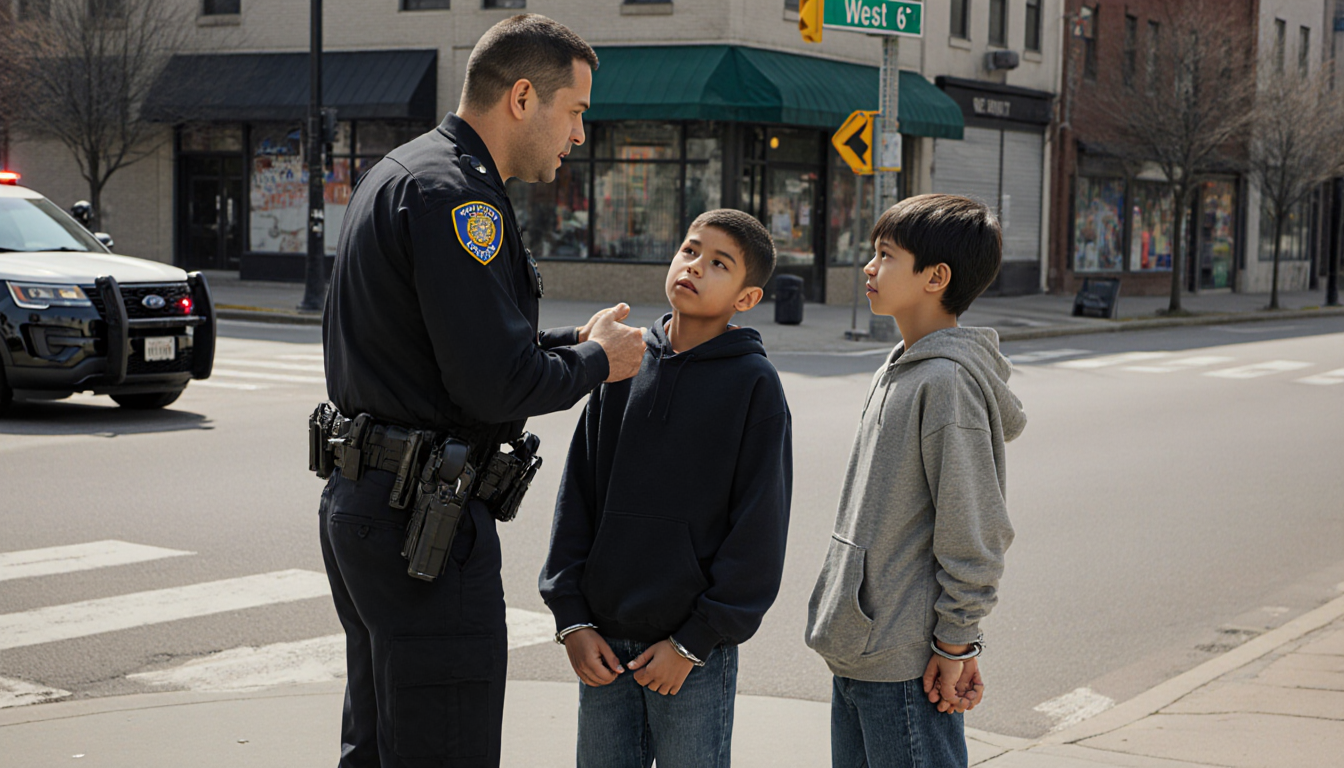 Two boys cuffed together listening to a police officer with West 6th Street intersection behind them.