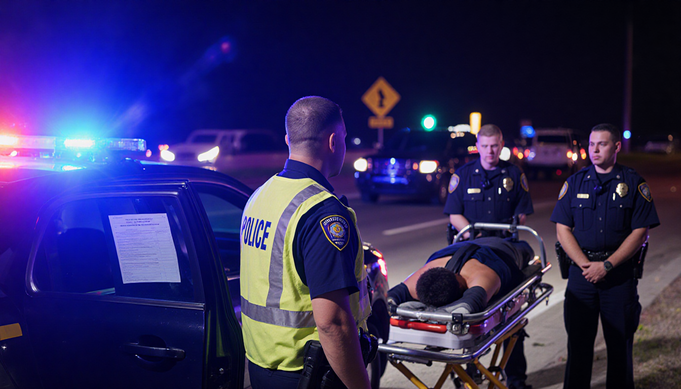 Police officer checking a hospitalized teenager with a reflective vest and flashing sirens nearby