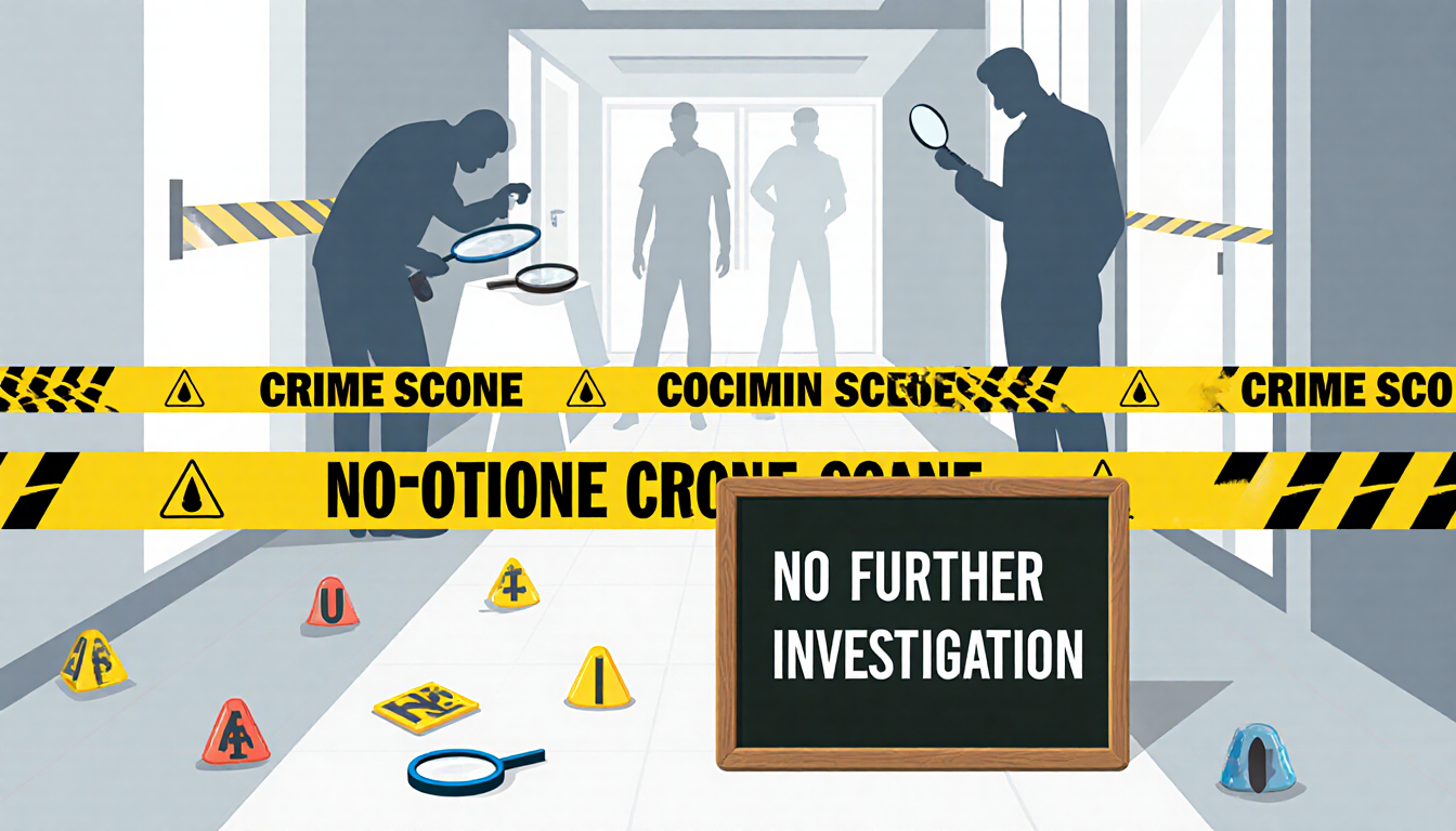 Investigators scrutinize evidence with crime scene tape and magnifying glass near a blackboard marked ongoing investigation.