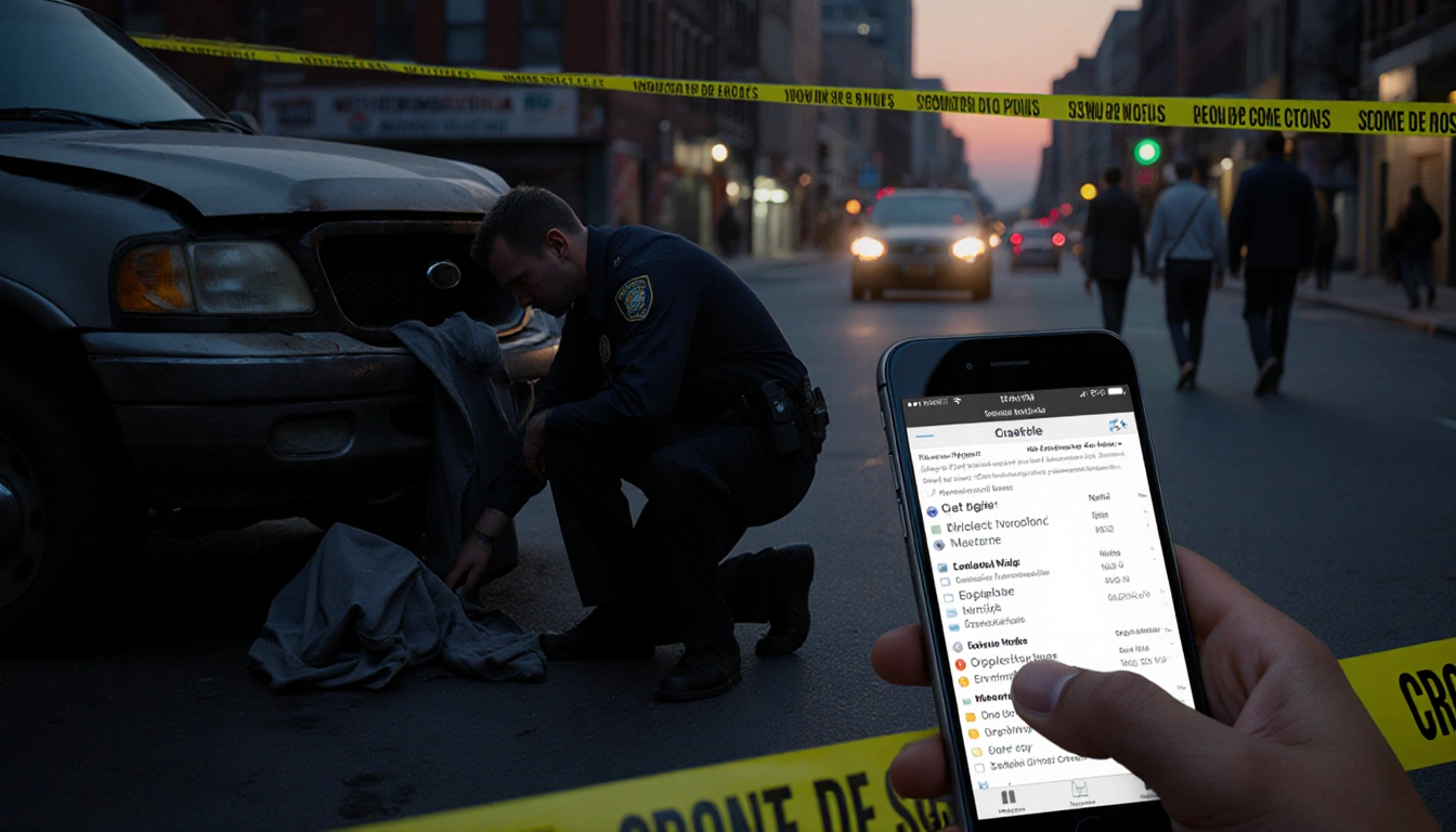 Police investigator kneeling beside damaged vehicle with fluorescent yellow tape and smartphone screen in hand