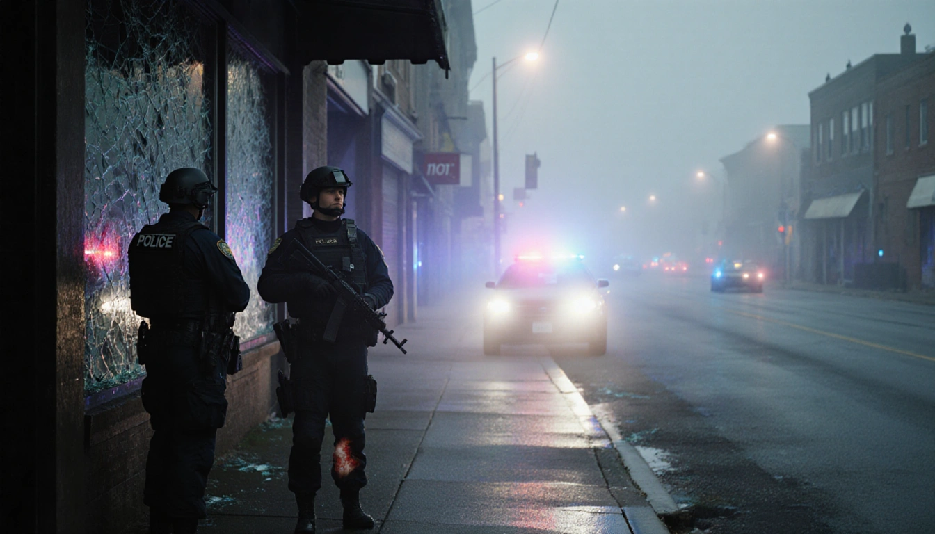 Two injured officers stand beside a shattered storefront window with flashing police lights and foggy street