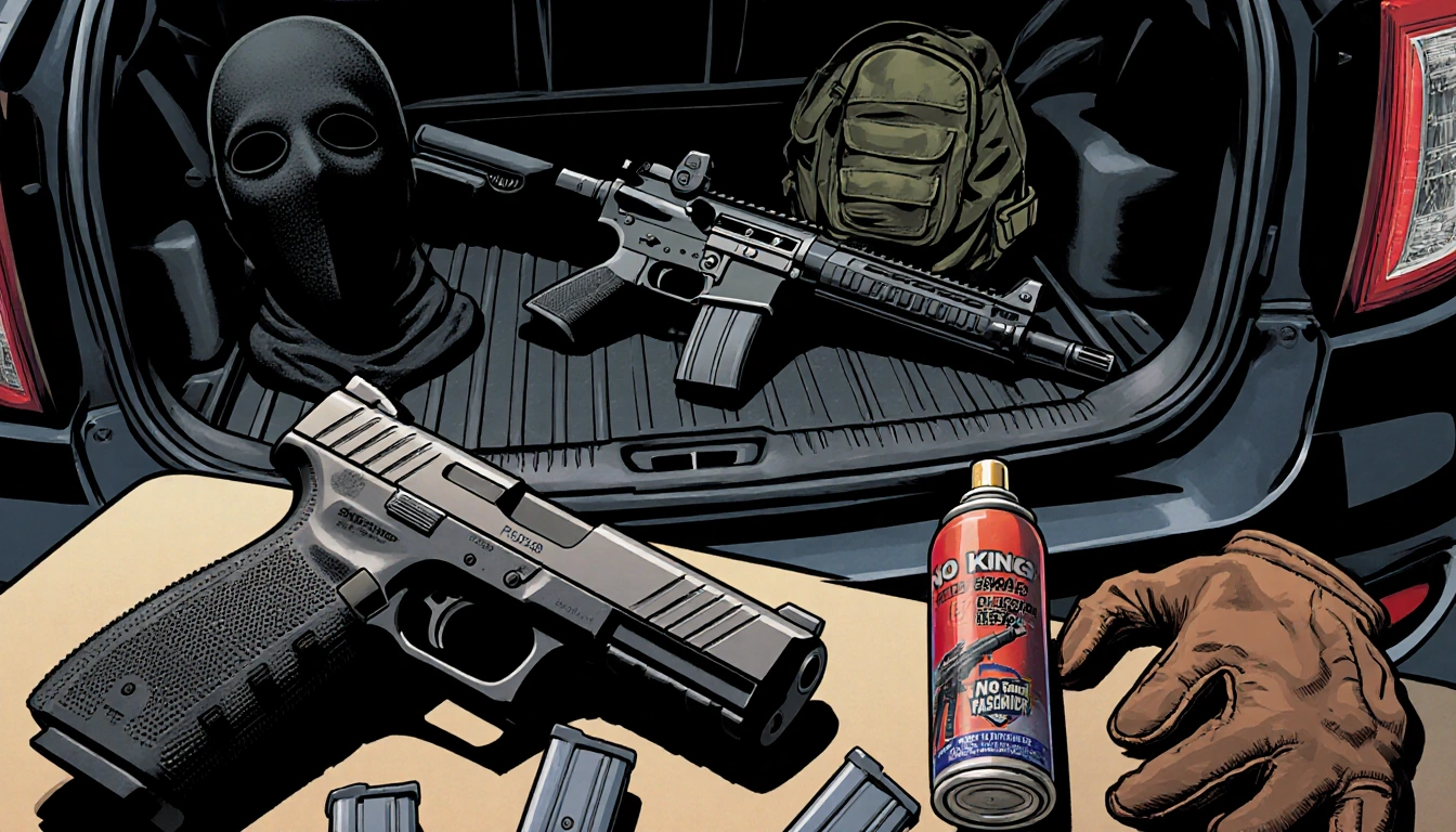 Police officer discovering weapons at rally with Sig Sauer handgun and loaded magazines on table and AR‑15 rifle in back seat