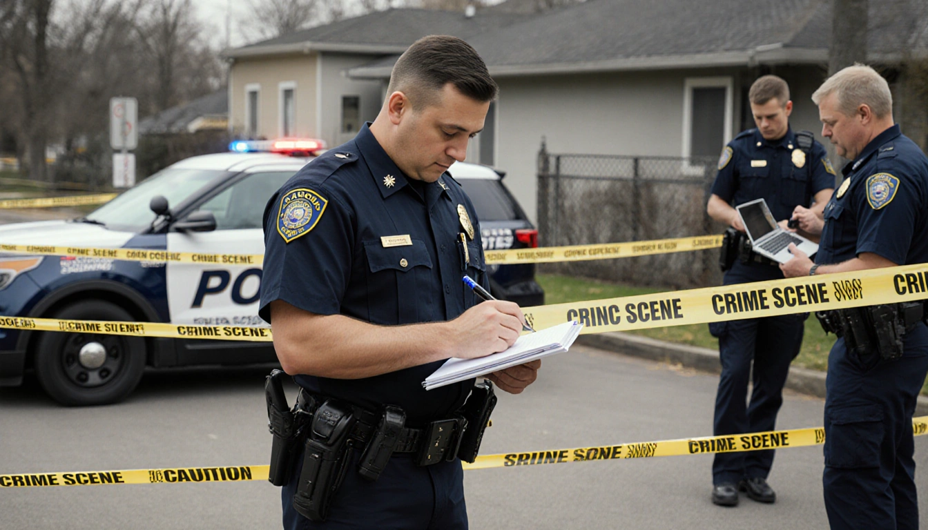 Police officer examining evidence with notebook and pen near crime scene tape and police car
