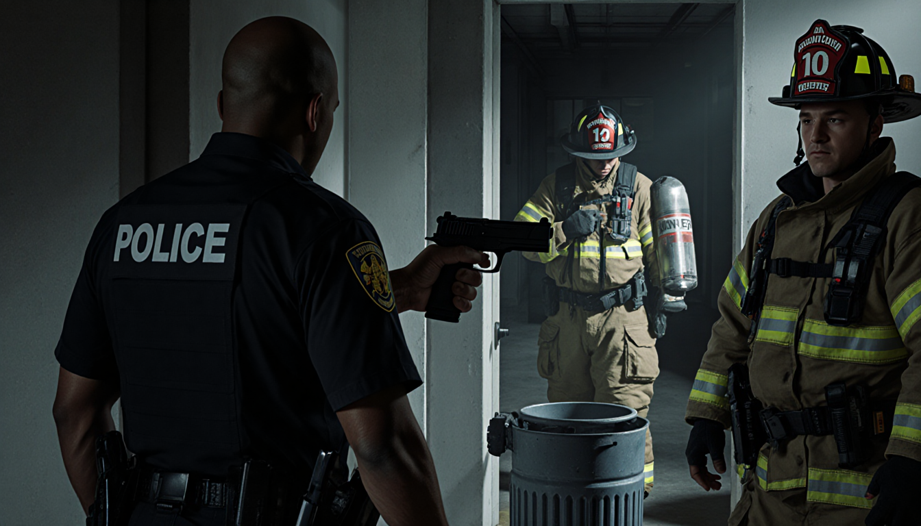 Police officer cautiously enters facility with gun pointed by suspect near trash can and firefighters in reflective vests