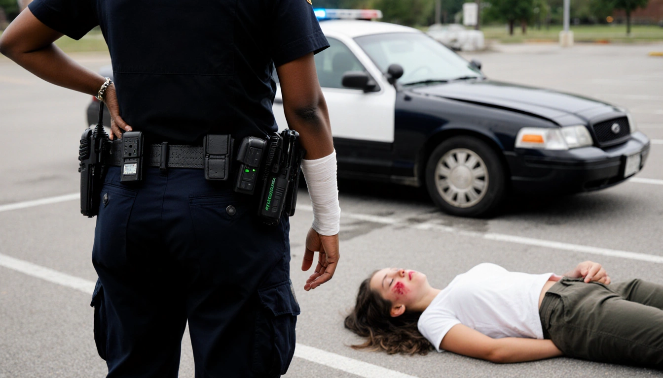 Police officer standing with hand on hip watches two teenage girls on the ground near a damaged vehicle.