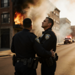 Police officers stand beside a North Philadelphia building with smoke billowing from windows and emergency vehicles on street