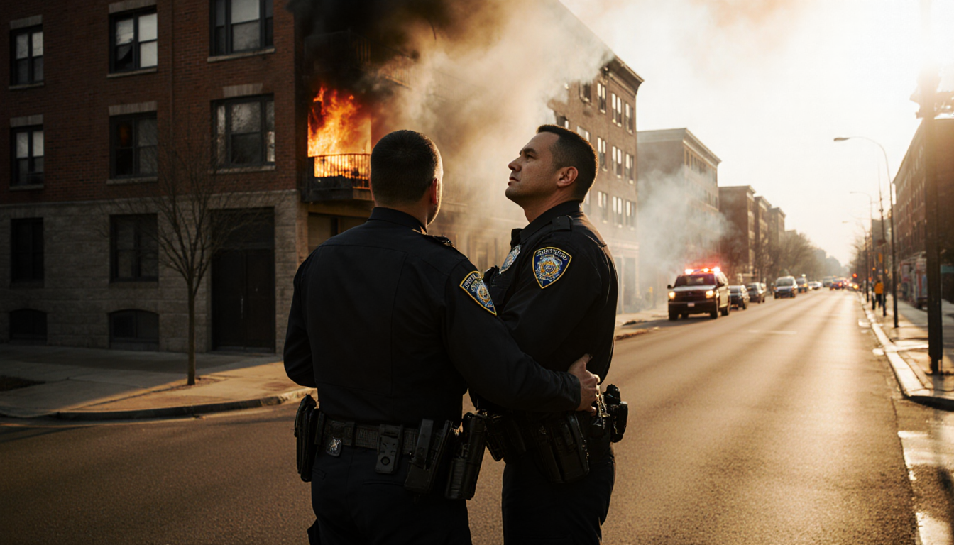 Police officers stand beside a North Philadelphia building with smoke billowing from windows and emergency vehicles on street