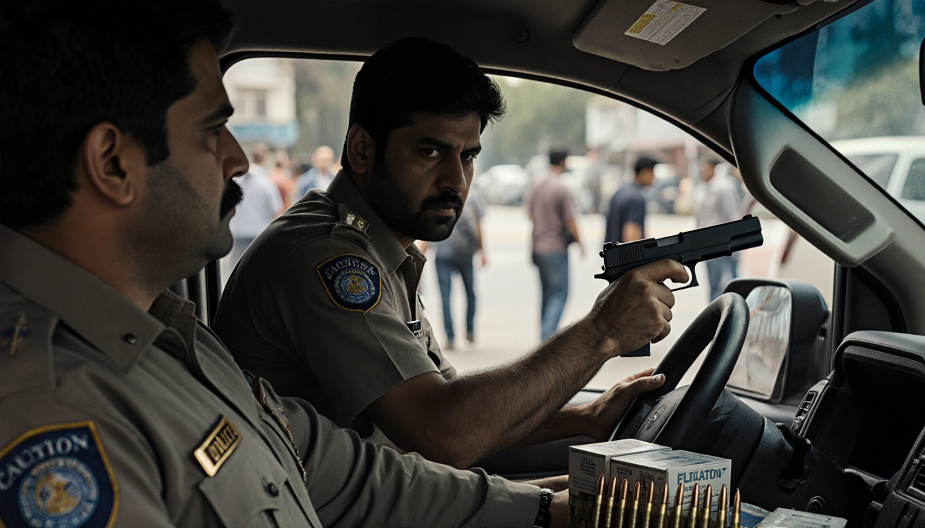 Two police officers standing over Khan's truck with hands on the steering wheel and a handgun and ammo visible in the open ho
