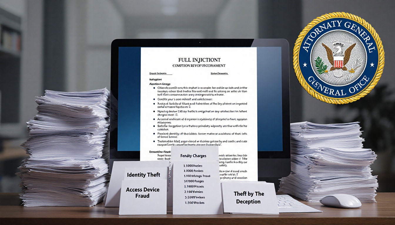 Police report desk shows papers with computer screen displaying the indictment and felony charge cards