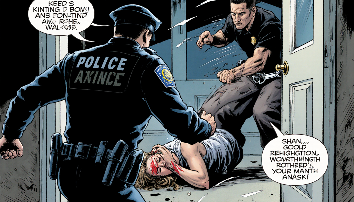 Police officer bursts through front door with woman lying on ground clutching face and Worthington punching her handcuffed