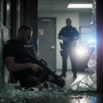 Police officer standing over fallen gunman with shattered window and police lights flickering