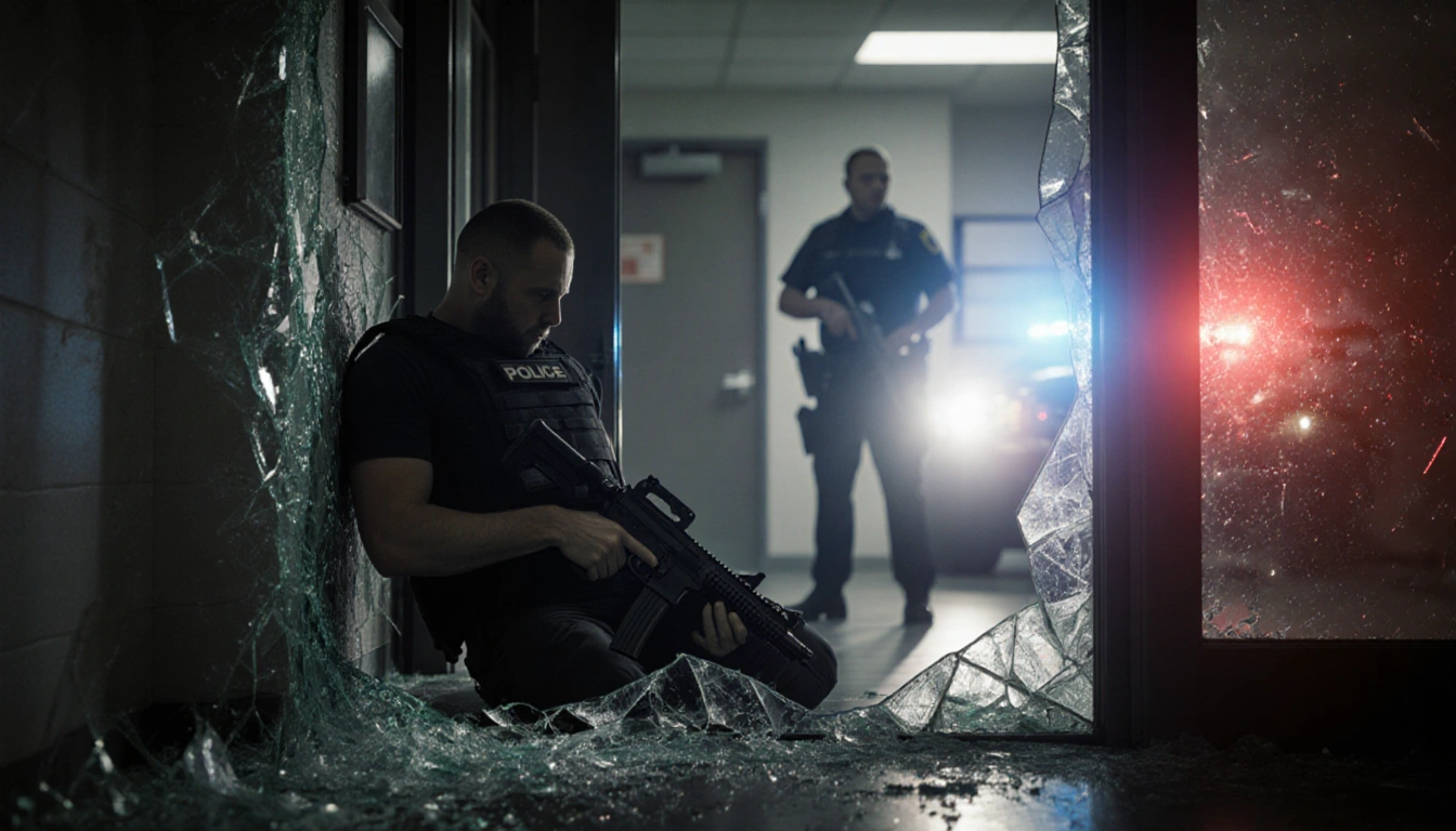 Police officer standing over fallen gunman with shattered window and police lights flickering