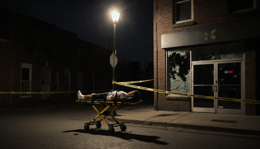 Young man on gurney with bandaged arm and pale face under police tape and a bullet casing nearby