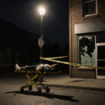 Young man on gurney with bandaged arm and pale face under police tape and a bullet casing nearby